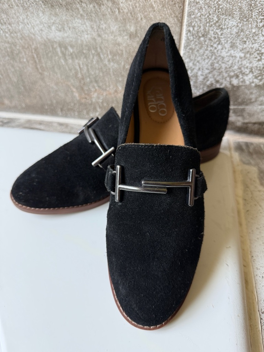 Franco Sarto Black Suede Loafers with Silver Hardware